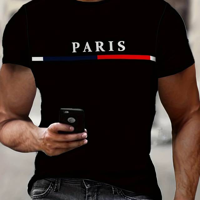 TEMU Men's Paris Graphic T-shirt - 3d Print Gradient Design With Red, White & , Casual Short Sleeve Crew Neck Tee For Outdoor Wear, Apparel | Parisian Style | Mesh Fabric Shirt