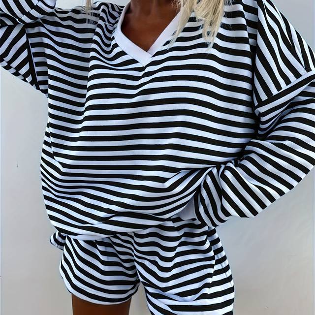 TEMU Women's V-neck Striped Knit Sleeve Pajama Sets Casual Homewear, Polyester Elastane Blend, 160g/m², For Adult, Spring, Summer, Fall