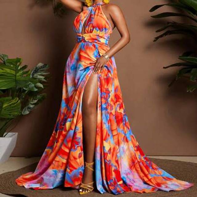 Maweii Plus Size Women Vacation Tie Dye Print Side Slit Sexy Halter Dress