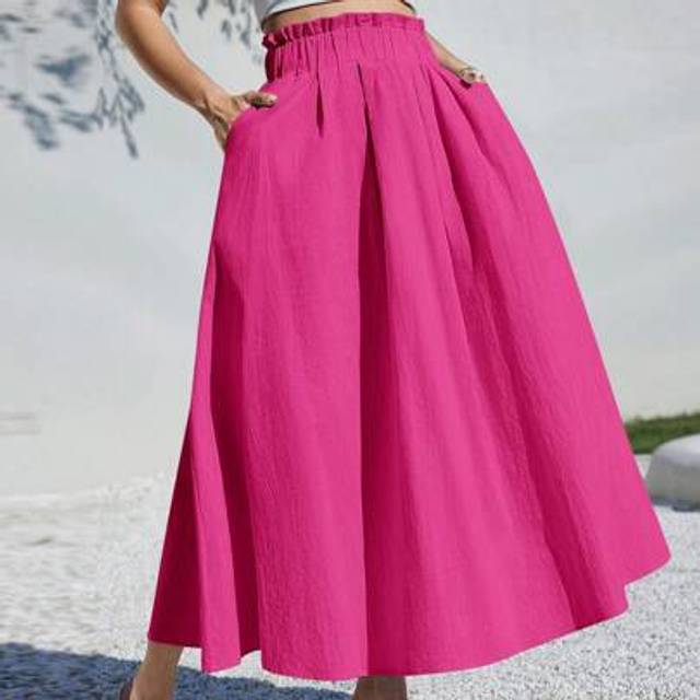 SHEIN Summer Women Clothes Casual A-Line Linen Midi Skirt For Summer Fits Beach High Waist Baggy