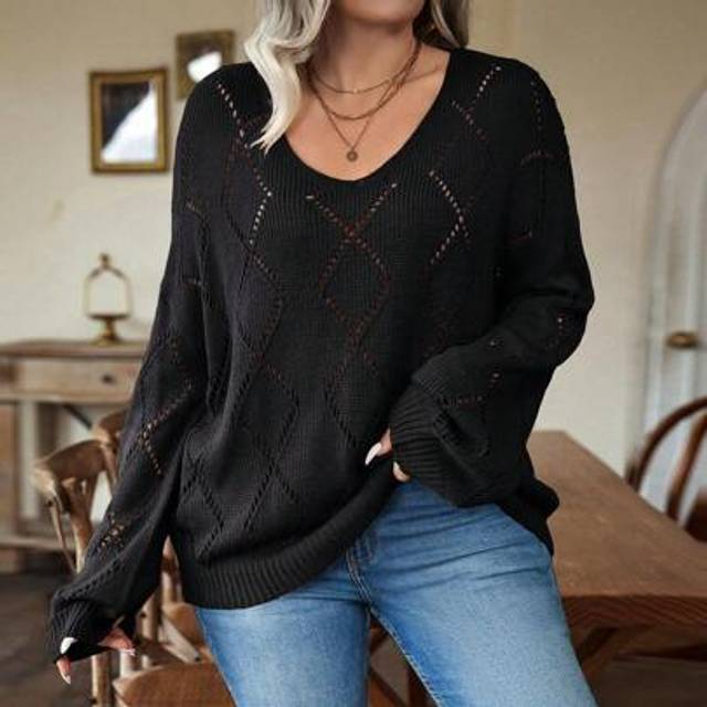 Calvaya Plus Size Women&#39;s V-Neck Plus Size Loose Knitted Pullover Sweater, Casual Loose Fit, Hollow Out Mesh Diamond Pattern, Suitable For Daily Wear, Black,
