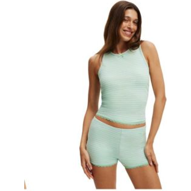 Cotton On – Grönt och blårandigt, ribbat pyjamaslinne med volang, del av set-Grön/a