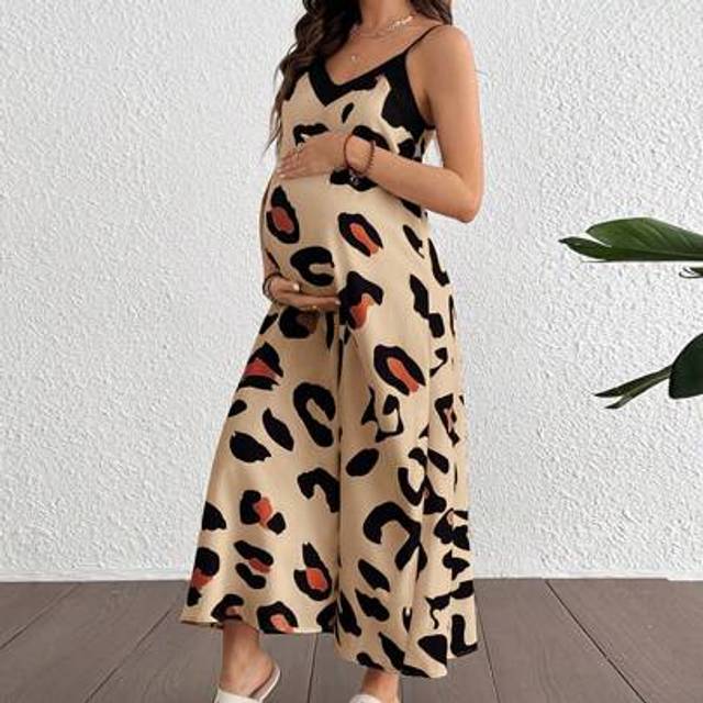 SHEIN Pregnant Women Leopard Print V-Neck Long Dress Maternity Dress