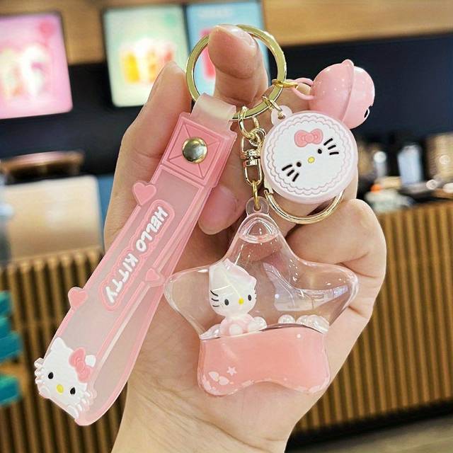 TEMU Hello Kitty Quicksand Keychain With Pink Strap & Clear Bottle Charm – Cute Car Key Ring, Backpack Accessory For Women, Perfect Valentine’s Day Gift, Design | Goldtoned Hardware