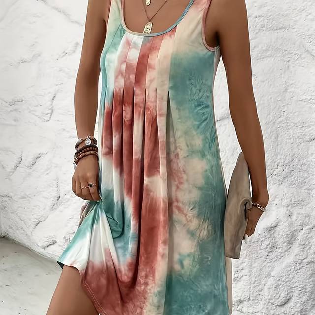 TEMU Plus Size Women's Casual Sleeveless Tie-dye Print Dress - Vibrant Purple & Blue Random Pattern, Loose Fit Round Neck Pencil Skirt, Machine Washable Summer Dress, Flowy Fabric Gown