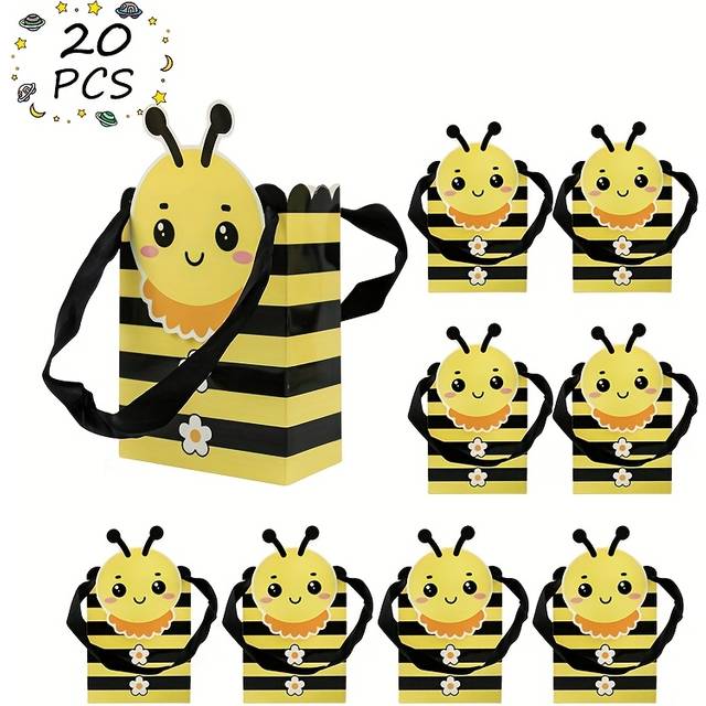 TEMU 20pcs Adorable Cartoon Bee Gift Bags With Handles - Striped Design, Party Favors, Birthdays, Weddings & More, Party Favor Bags | Cartoon | Paper Bags, Bee Party Decorations