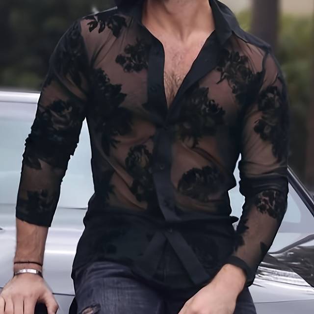 TEMU Men' Black Lace-up Shirt With Floral Pattern - Long Sleeve, Polyester Blend, Casual & Summer Wear