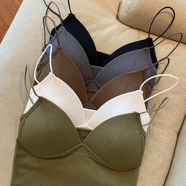 TEMU 5pcs Seamless Bra Tops With Built-in Padding, Adjustable Spaghetti Straps, Ribbed Detailing, Full Coverage, Smooth Glossy Finish, Olive Green, Beige, Black, Brown - Casual Attire