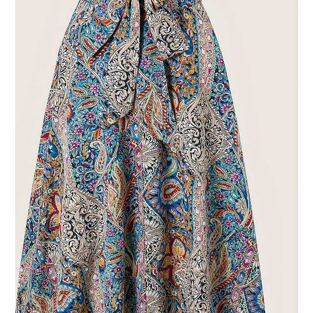 TEMU Women's Bohemian Floral Print Tie-front Skirt With Bow Detail - Vibrant Paisley & Design, High-waisted Mid-thigh Length, Skirt For Casual , Vibrant Skirt