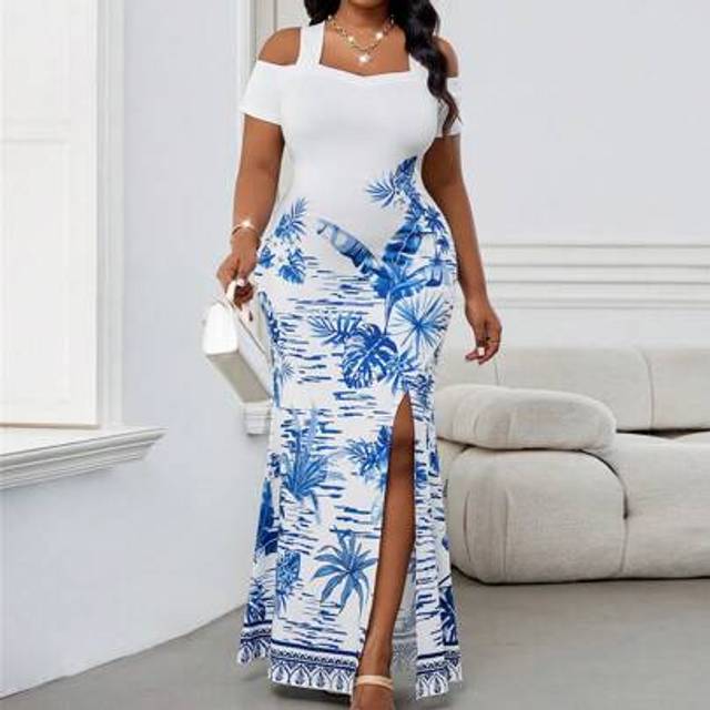Vår och sommar Elegant pendlingskontor Boho Färgglad Stickad Sweetheart Split Sjöjungfru Rygglös Lång Kortärmad Klänningar i Plus Size Eleganta Klänni - Multifärgad (0XL,1XL,2XL,3XL,4XL,5XL)