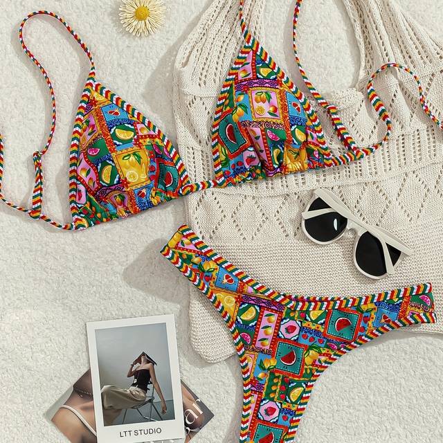 TEMU Zhuiyun Sexy Lace- Cut Bikini Set With Print - V-neck, Stretchy & Sexy Fruit & Vegetable Pattern Swimwear For Women, Beachwear Ready