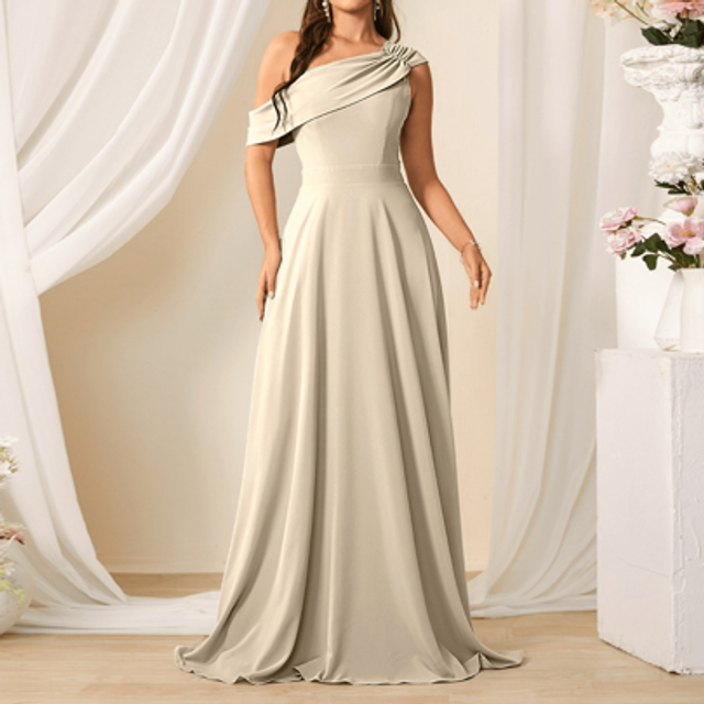SHEIN Bridesmaid Solid Color Asymmetric Shoulder Long Dress, Fashionable For Summer