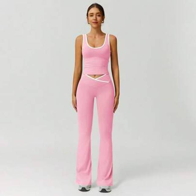 Vår-/sommarset för kvinnor som består av sportväst i kontrastfärg och sömlösa utsvängda shorts, snabbtorkande - Rosa (L,M,S,XL)