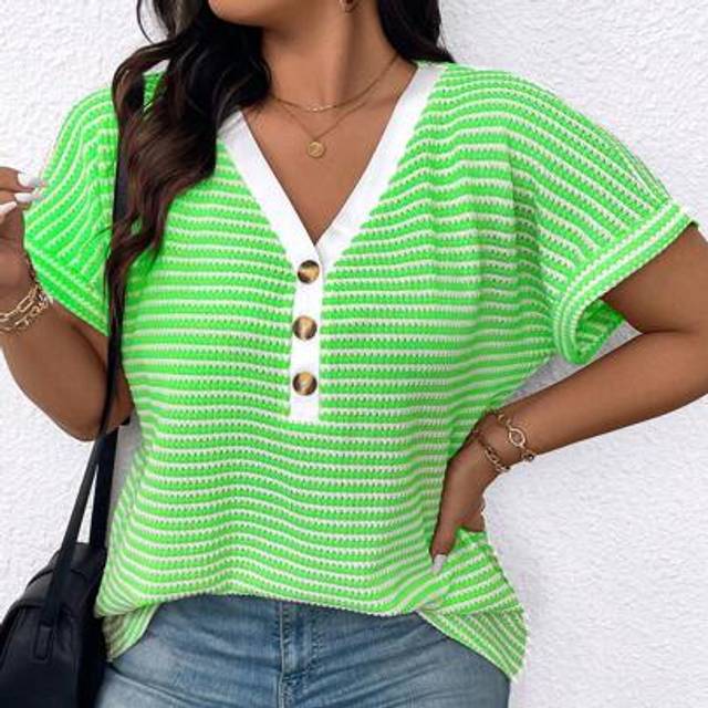 SHEIN Plus Size Women&#39;s Striped V Neck Batwing Short Sleeve Loose Fit Casual T-Shirt, Summer Graphic Tees Women Tops