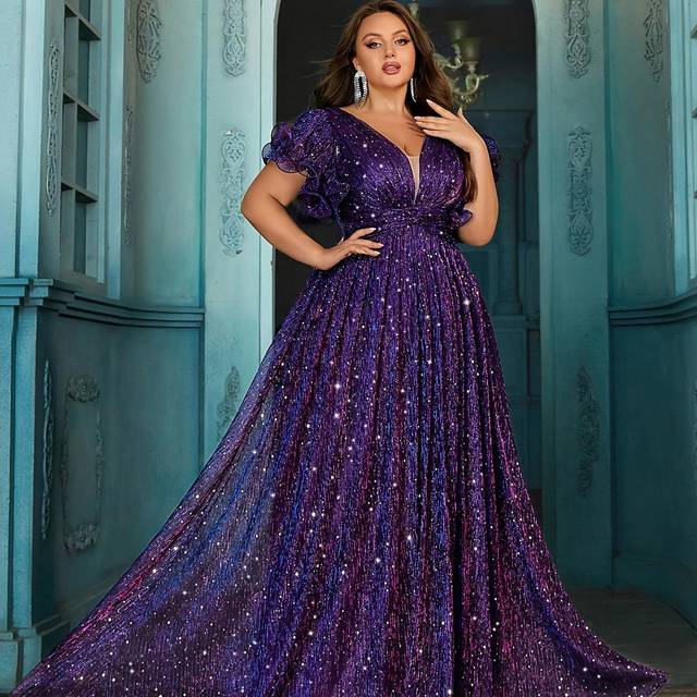 TEMU Plus Size V-neck Lace Short Sleeve Long Evening Gown With Back Zipper, Suitable For Bridesmaids.