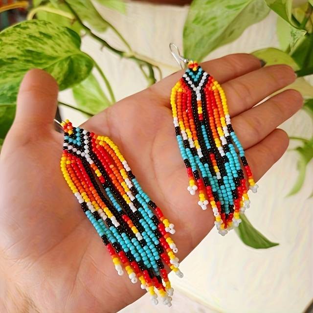 TEMU Bohemian Beaded Tassel Dangle Earrings, Handcrafted Glass Beaded Dangle Ear Jewelry, 1 Pair, Western Style, Elegant Drop Earrings For Any Occasion, Perfect Gift For & Family