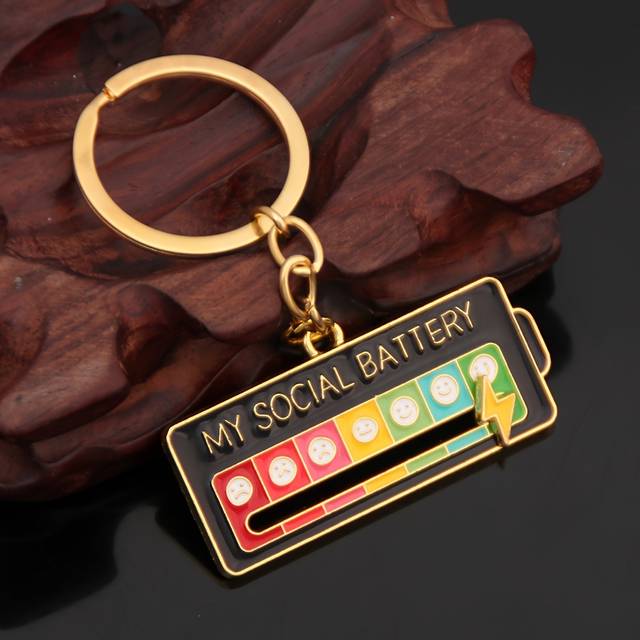 TEMU Funky Sliding Social Battery Keychain For Men - Golden-tone Metal With 5-color Battery Indicator, Humorous Mood Accessory For & Gifts, Social Mood | Quirky Keychain | Colorful Indicator