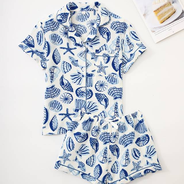 TEMU Two-piece Women's And Starfish Print Summer Pajama Set, Short-sleeved Button- Shirt With Turned-up Collar And Bow Shorts, Casual For Spring And Summer