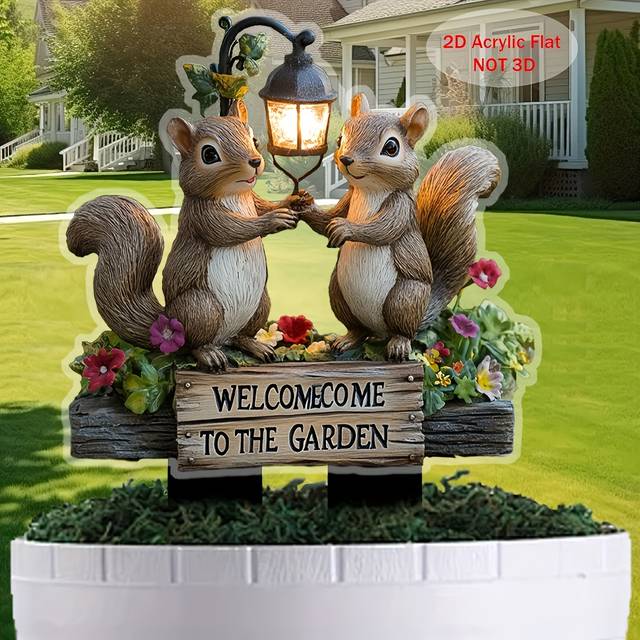 TEMU 2d Flat, 1pc Squirrel Welcome Sign - 2d Acrylic Garden Stake With Lamp & Flowers, Rustic Outdoor Decor For Home, Yard, Or Garden, Gift For Lawn Ornament