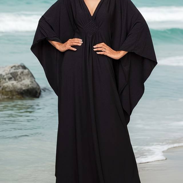 TEMU Pkotir Women's Plus Size Boho Beach Kaftan Dress - V-neck, Batwing Sleeve, Knotted Front, Viscose, Solid Color, Pullover Style, Oversized Beach Dress