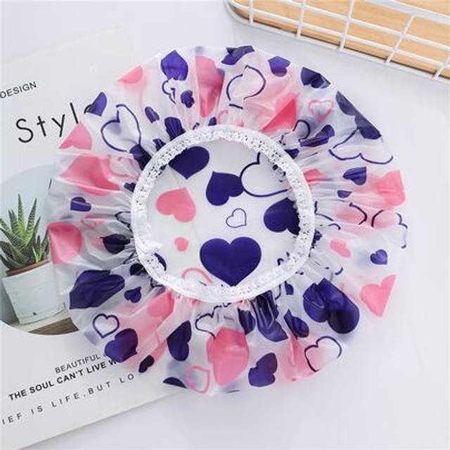 SHEIN 1pc Reusable PEVA Shower Cap, Heart Pattern Elastic Waterproof High Multifunctional Bathing Caps For Bathroom Home Bathroom Decor Summer