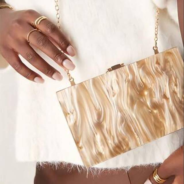 SHEIN French Elegant Marble Acrylic Hinge Metal Square Clutch Bag, Gradient Rendering Evening Party Handbag, Wedding Party Purse For Women