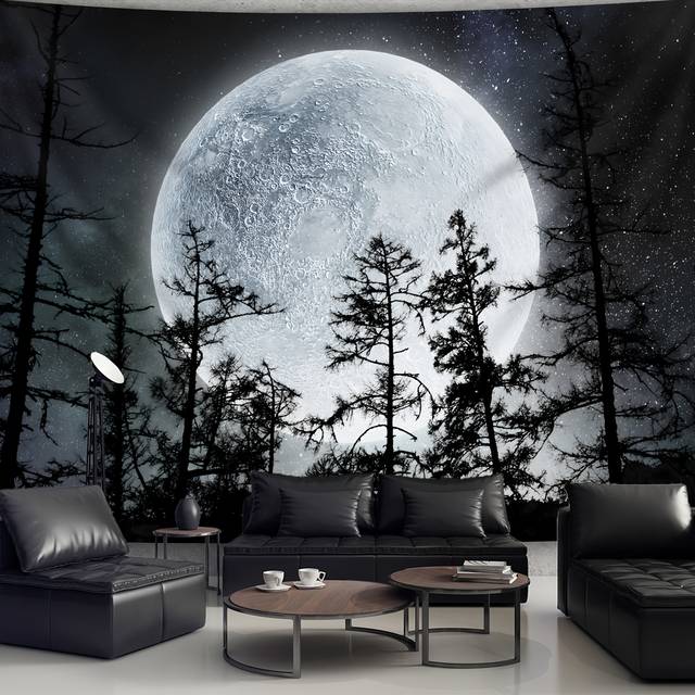 TEMU Extra-large Black & White Night Tapestry - Starry Sky & Wall Hanging For Living Room, Bedroom, Office - Durable Polyester Fabric, With Free Clips - Perfect Photography Backdrop & Party Decor