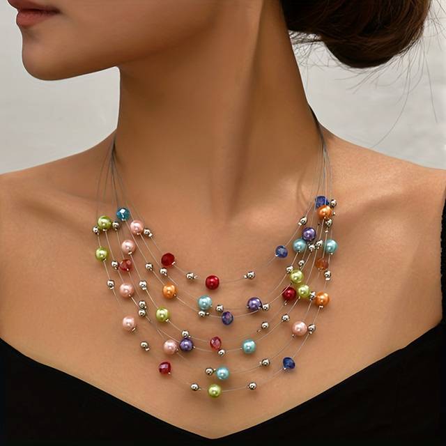 TEMU [ Shimmering Pearl Necklace] Vibrant Bohemian Multilayer Necklace - Shimmering Pearls - Artisan-, Authentic Charm - A Feminine, Exquisite Handmade Gift For Ladies - Beads, In Piece