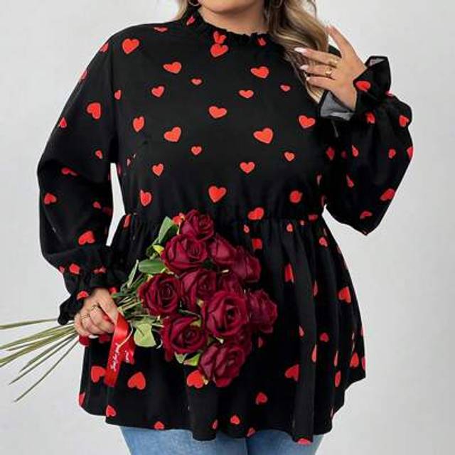 SHEIN Plus Size Love Print Ruffle Sleeve Blouse,Party Outfits, Valentine&#39;s Day Outfits,Valentines,Rose,Heart,Polka Dot,Love,Lip,Cupid,3D Flower