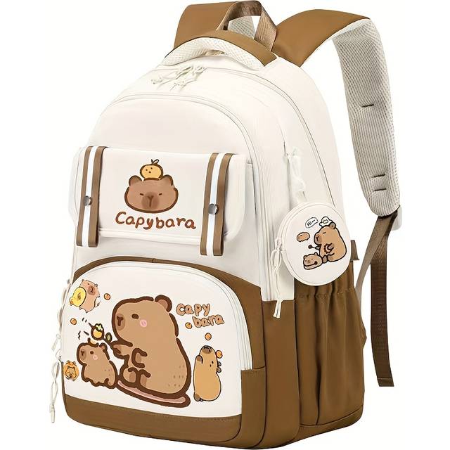 TEMU Capybara Casual Backpack | Lightweight Polyester School Bag With Adjustable Straps | Large Capacity | Zip Closure & Front Pocket | Cartoon Design | Ideal For Students, Backpack For School