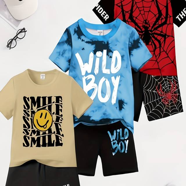 TEMU Boys' 6pcs 3-set Cool Casual Short-sleeved T-shirt And Shorts Set With Round Neck - Spring/summer, , Regular Version, Very Suitable For Outdoor Clothing,