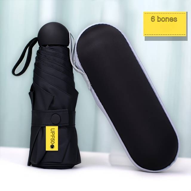 TEMU 1pc Cute & Durable 6-rib Portable Folding Umbrella With Carrying Case, Manual Open, Waterproof Polyester Canopy, , Plastic Handle - Casual Essential