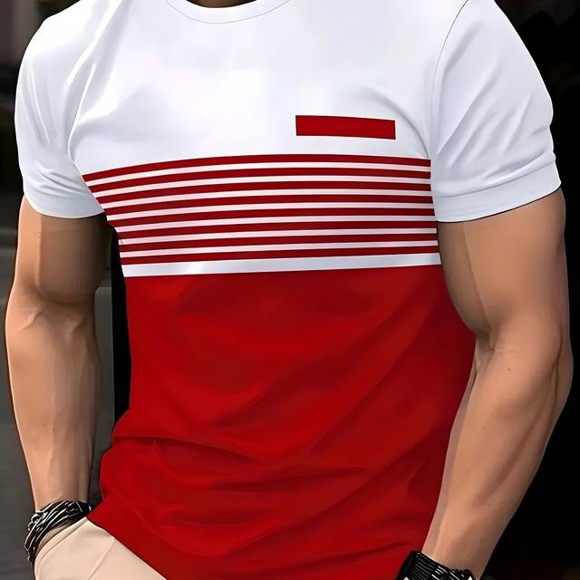 TEMU Men's Summer Striped Print T-shirt – Casual Short Sleeve, Oversized Top In Red And White