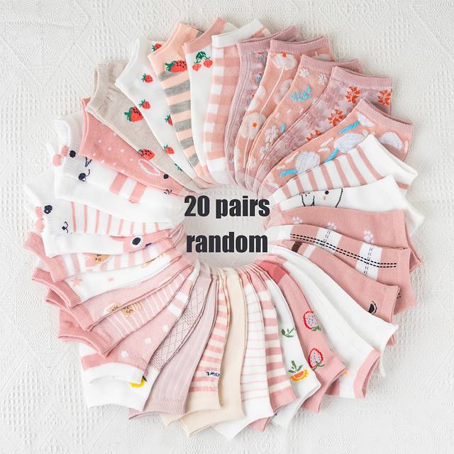 TEMU 10-pack/20-pack Women's Short Socks Pink Floral Pattern Spring And Summer Style Soft Comfortable Breathable Open-toe Socks Random Assortment