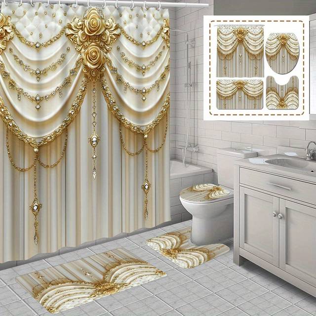 TEMU 1pc/4pcs Home Shower Curtain Sets With 12 Hooks, Toilet Seat Cover, Bathroom Mat Non-slip Rug Carpet, Polyester Curtain For Bathroom Accessories