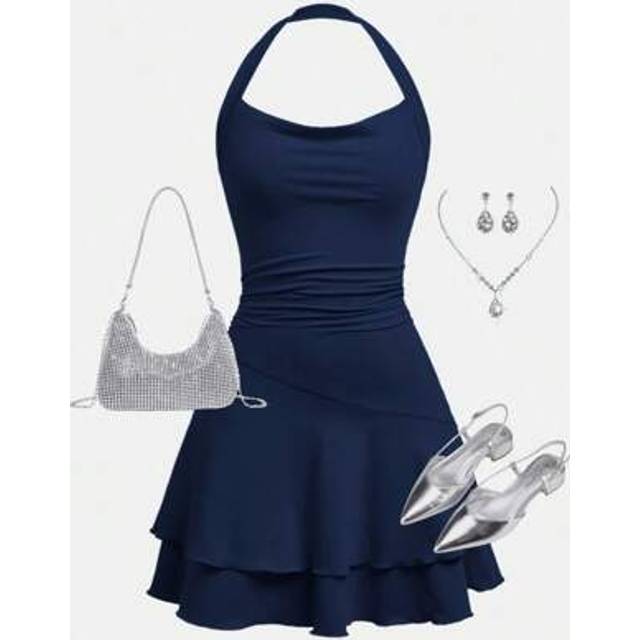 SHEIN Teenage Girl Knitted Halter Ruffle Hem Skater Dress