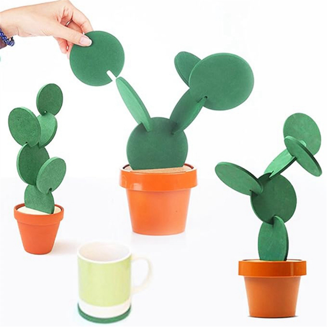 Coasters DIY Cactus Coaster,Set of 6 Pieces with Flowerpot Holder for Drinks Novelty,Gift Home Office Bar Decor