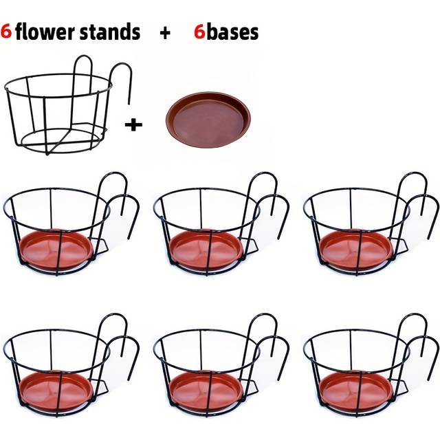 TEMU 6pcs Black Flower Rack With 6pcs Brick Red Base Metal Balcony Flower Rack Hanging Railing Storage Rack Green Plant Succulent Potted Plant Flowerpot Hanging Flower Rack Products