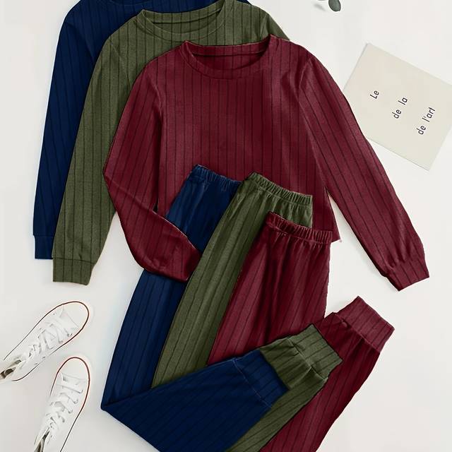 TEMU 3pcs Plus Size Fall/winter Pajama Set, Casual Crew Neck Long Sleeve Sweatshirt And Pants Combo, 100% Polyester Knit Fabric, Stretch, Solid Color, 165gsm/160gsm - Cozy Loungewear Set For Adults
