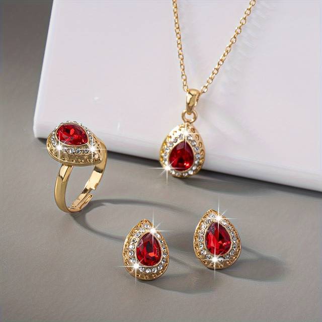 TEMU Vintage Elegant 18k Golden Plated Jewelry Set With Rhinestone Accents, Alloy Tear-drop Earrings, Necklace, And Ring Combo For Women - Ideal For And Special Occasions