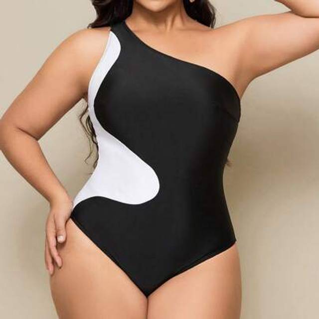 2025 Summer Beach Plus Size Damer Minimalistisk Color Block One-Piece Baddräkt - Svart och Vitt (0XL,1XL,2XL,3XL,4XL)