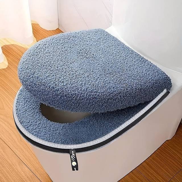 TEMU Winter Thickened Double Set Toilet Seat Cushion With Zipper, Bathroom Pad With Handle, Soft Firmness, Machine Washable, Fit For Home Use - For - Suitable For - Perfect Gift For Family &