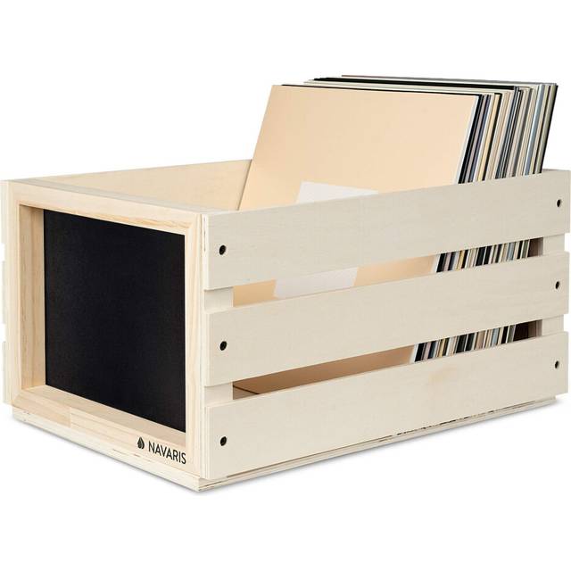 Navaris Wood Record Crate - Vinyl Album Storage Holder Box Wooden Case with Chalkboard Sign Board - Holds up to 80 LP Records - Natural