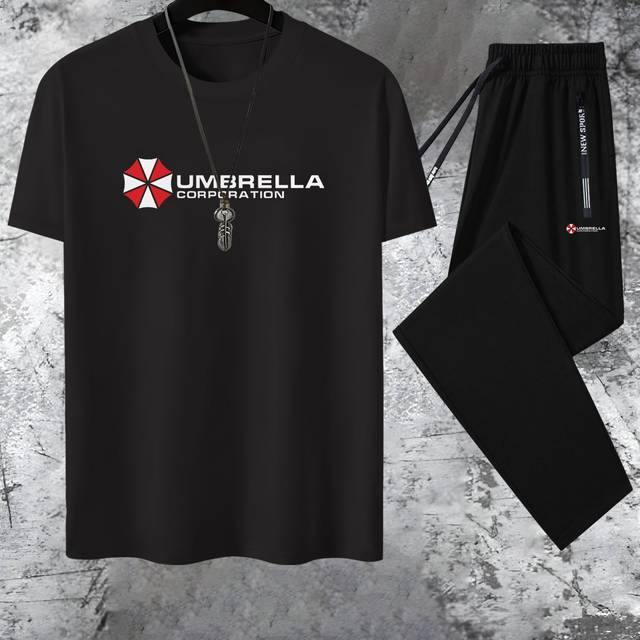 TEMU Men's Summer Casual Two-piece Set Featuring Umbrella Print Elements, Stylish Short-sleeve Top And Long Pants Outfit.