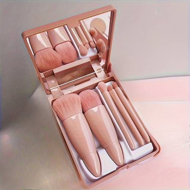 TEMU Set Of 5 Mini Multifunctional Makeup Brushes With A Mirror, Odorless Palm Brushes, Polyester Bristles And An Abs Handle, Suitable For Skin Type - A Great Gift For , Girlfriends, Family, And