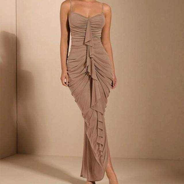 SHEIN Sexy And Elegant Bust Cup Tight Ruched Front Large Ruffle Decoration Long Dress For Women