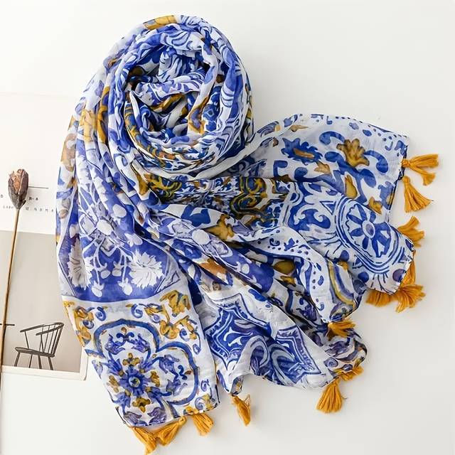 TEMU Boho Chic Vintage Blue Floral Lace Tassel Scarf - Viscose, Printed, Non-feather, , Decorative Accessory, Decorative Scarf | Boho Chic Style | Printed Pattern, Scarf Shaw