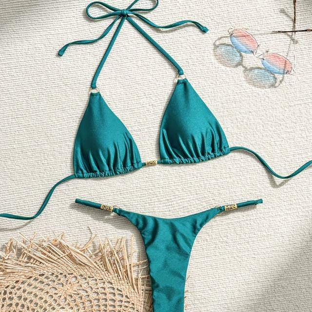 TEMU 2pcs Sexy Bikini Set, High Stretch Polyamide & Elastane Solid Color Lace Up Swimwear
