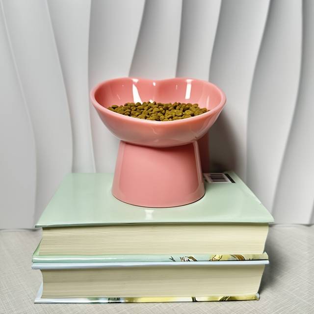 TEMU Raised Plastic Cat Bowl, Heart Shaped Cat Water Dish With Stand For Neck Protection