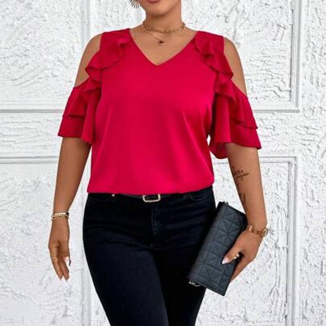 SHEIN Plus Size Women Solid V Neck Off Shoulder Tulip Ruffle Sleeve Elegant Romantic Valentine&#39;s Day Party Blouse